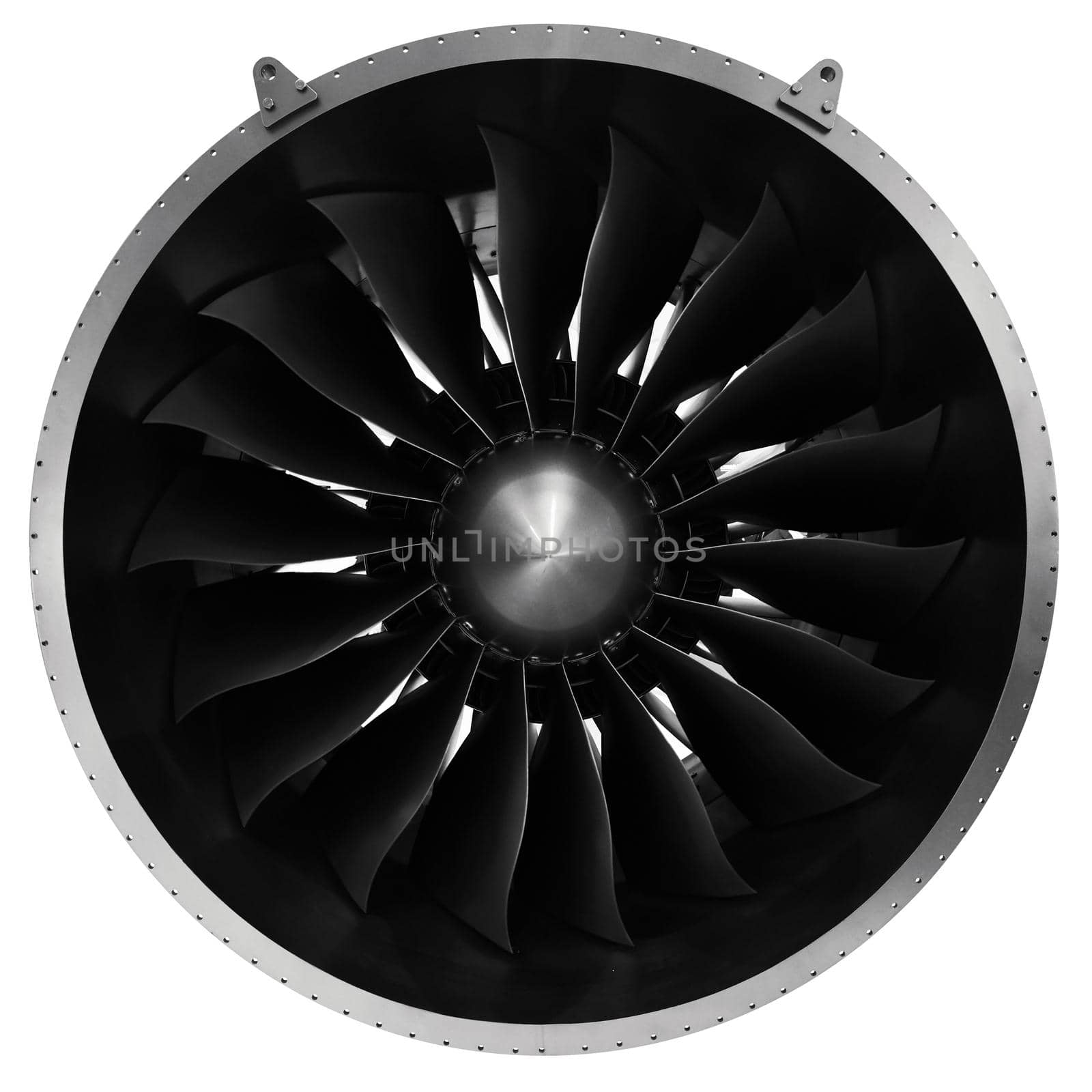 Modern turbofan engine. close up of turbojet of aircraft on white background.