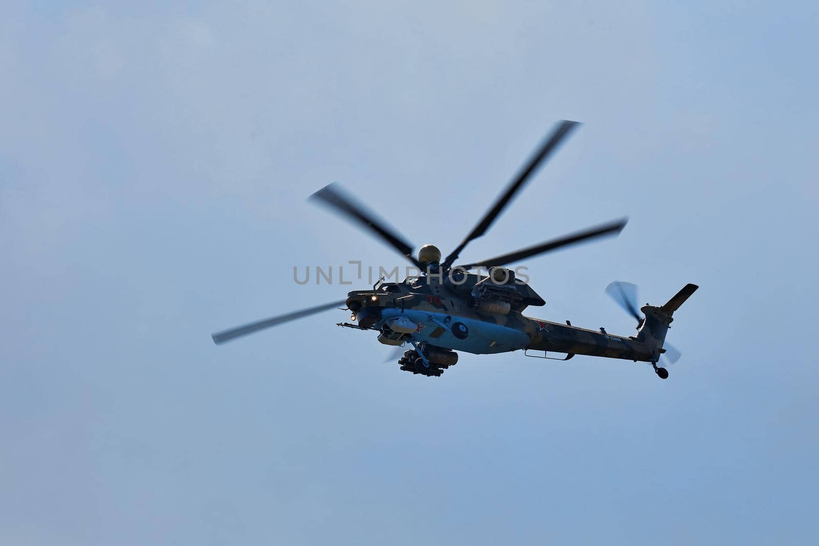Mil Mi-28 Mi-28NM, codification of NATO: Havoc. Russian all-weather, day-night, military tandem, two-seat anti-armor attack helicopter on MAKS 2019 airshow. ZHUKOVSKY, RUSSIA, AUGUST 27, 2019.
