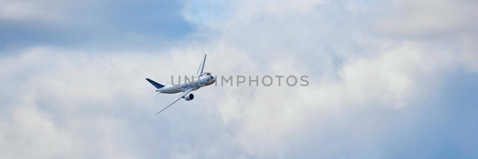 New Russian passenger aircraft MS-21-300 flying prototype of a new Russian civil airliner during test flights on MAKS 2019 airshow. ZHUKOVSKY, RUSSIA, AUGUST 27, 2019.