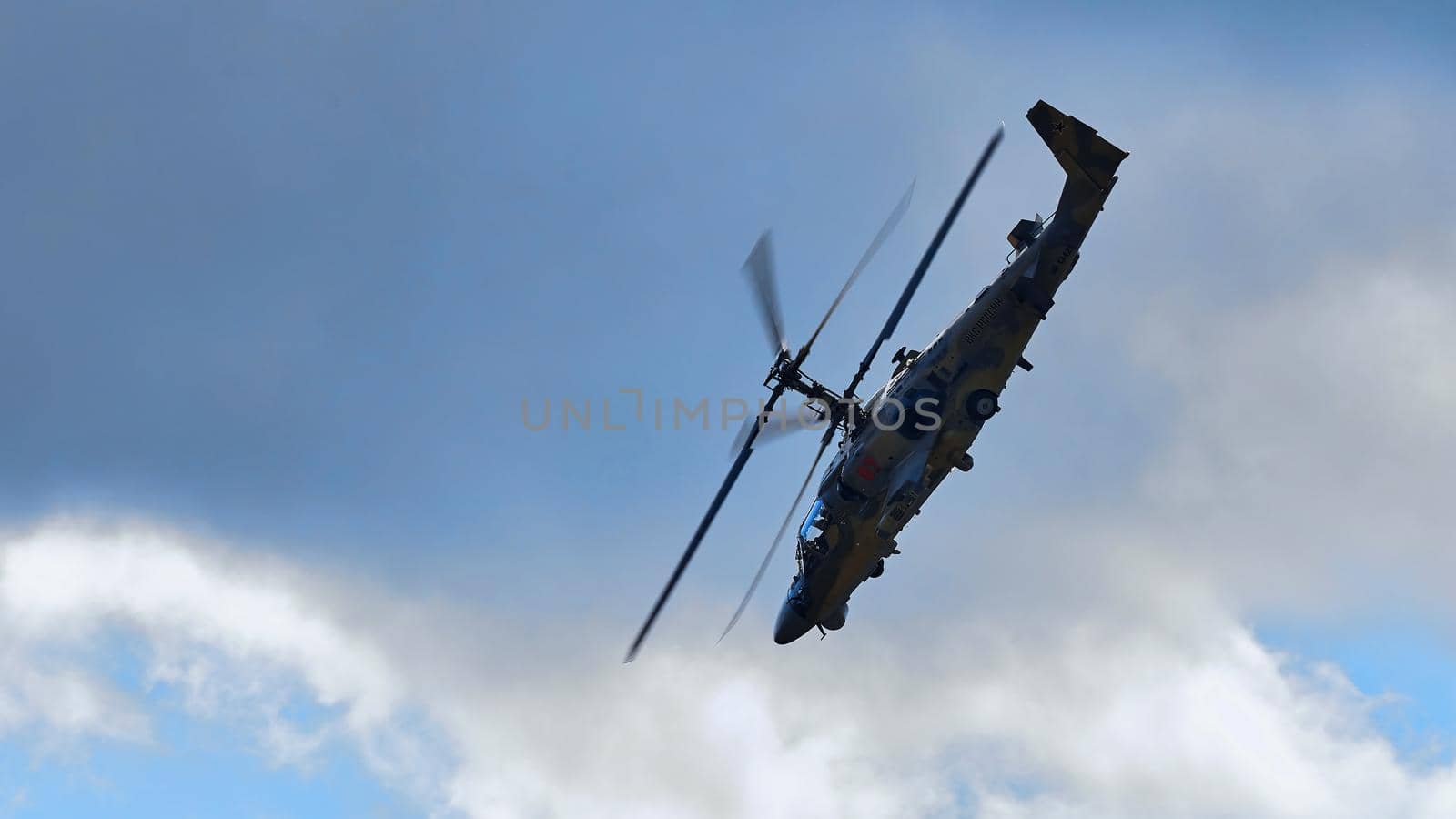 Kamov Ka-52 Alligator (NATO code name: Hokum B). Attack helicopter performing demonstration flight on MAKS 2019 airshow. ZHUKOVSKY, RUSSIA, AUGUST 27, 2019 by EvgeniyQW