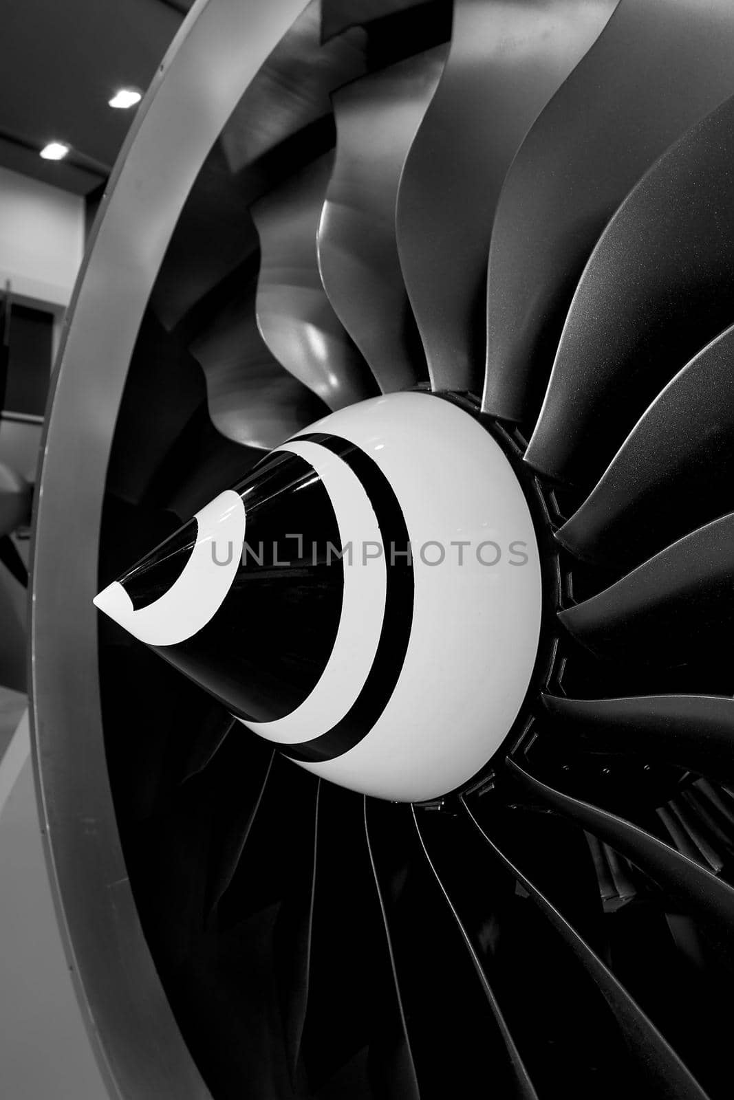 Modern turbofan engine. close up of turbojet of aircraft on black background.