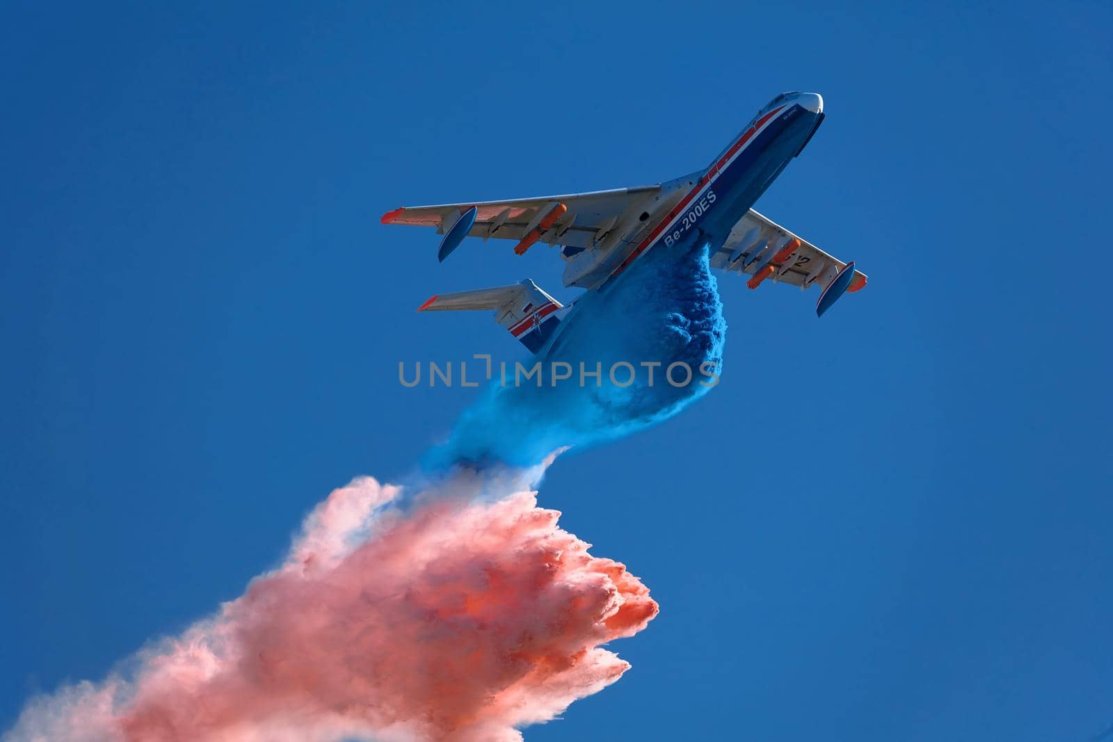 Multipurpose amphibious aircraft Beriev Be-200 Altair at the International Aviation and Space Salon MAKS 2019, Demonstration flight and Water discharge. ZHUKOVSKY, RUSSIA, AUGUST 28, 2019 by EvgeniyQW