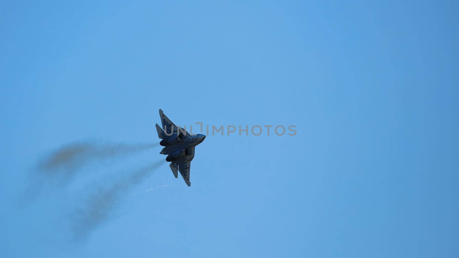 New Russian five generation fighter SU 57, T-50 shows aerial maneuver battle at Moscow International Aviation and Space Salon MAKS 2019. RUSSIA, AUGUST 28, 2019 by EvgeniyQW