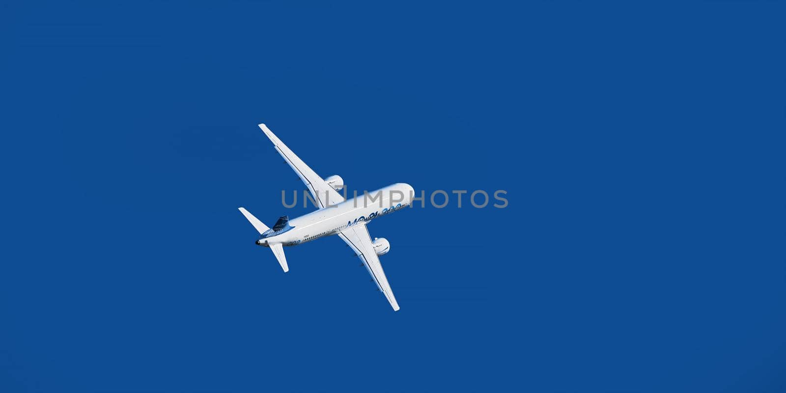 New Russian passenger aircraft MS-21-300 flying prototype of a new Russian civil airliner during test flights on MAKS 2019 airshow. ZHUKOVSKY, RUSSIA, AUGUST 29, 2019.