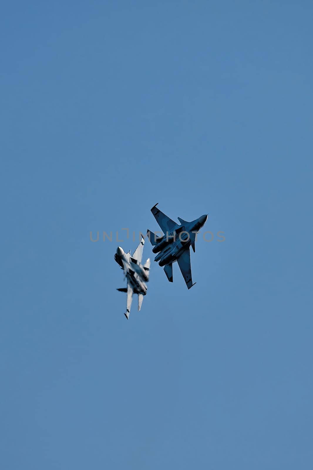 Sukhoi Su-30SM russian air force. Twin jet engine heavy fighter Su-30SM nato codification-Flanker. Fighter bomber jet aircraft fly aerobatic maneuver. MAKS 2019. RUSSIA, AUGUST 29, 2019.