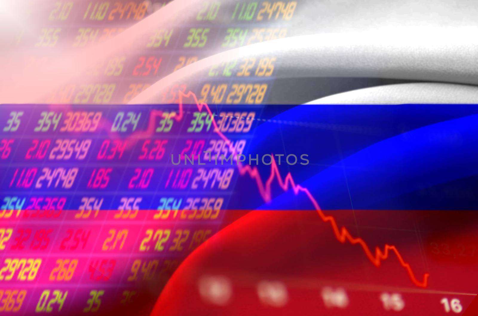 Stock exchange market business concept with selective focus effect. Display of Stock market quotes. Red numbers Downtrend line graph with Russian flag. by C_Aphirak