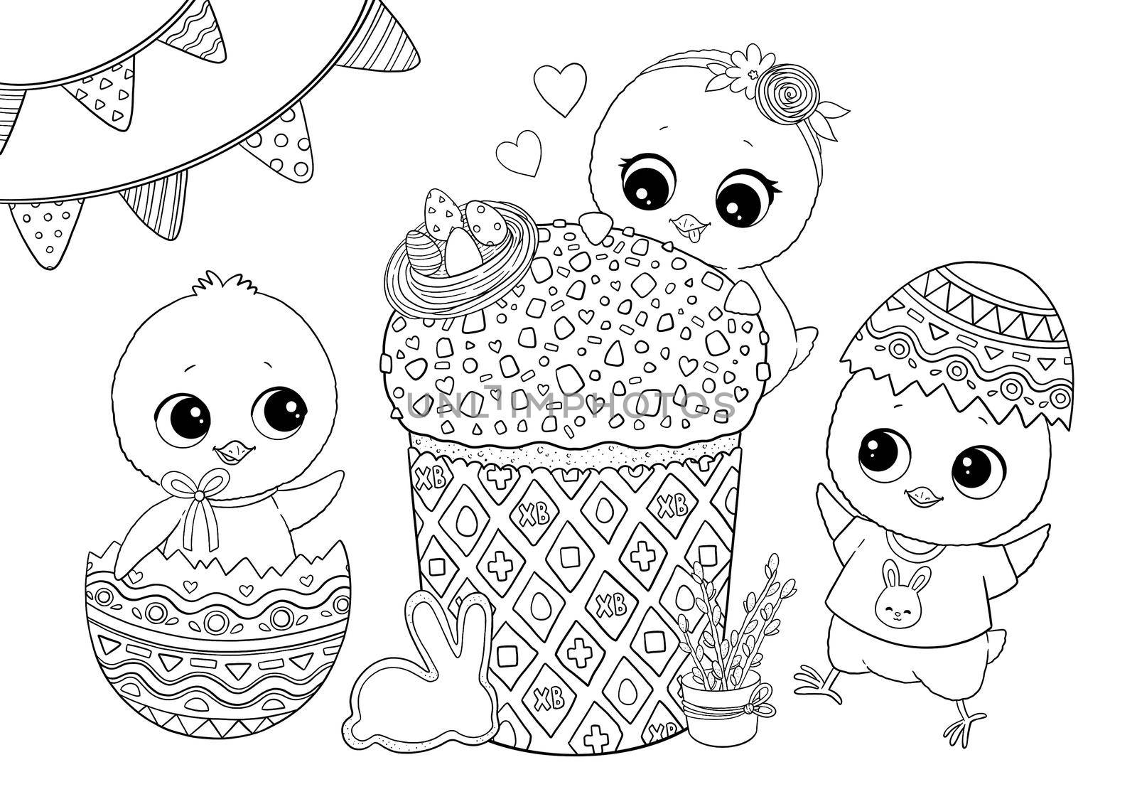 Easter chicken coloring illustration, black and white. High quality illustration