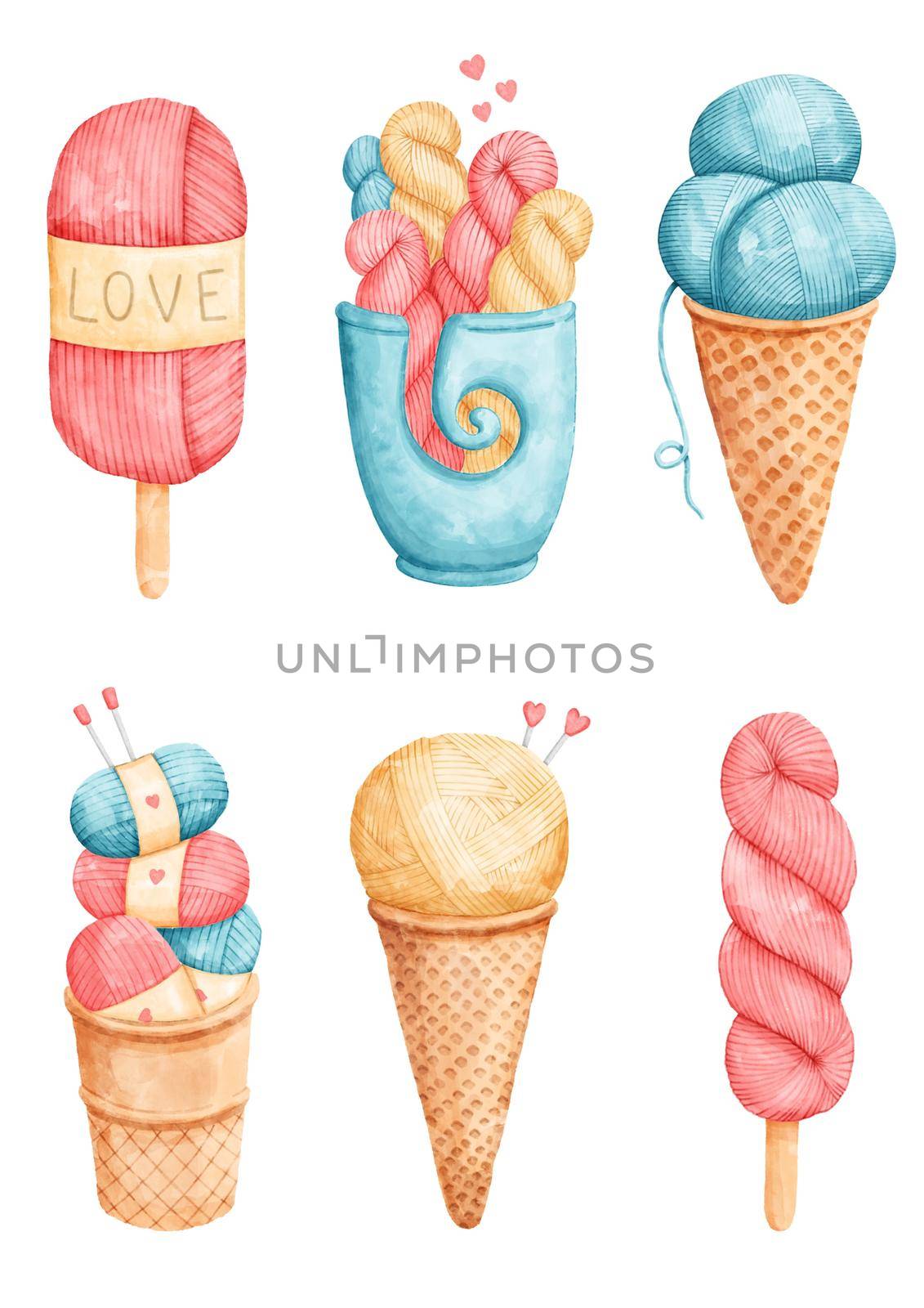 Ice knitting, knit cream, yarn balls, knitting. High quality illustration