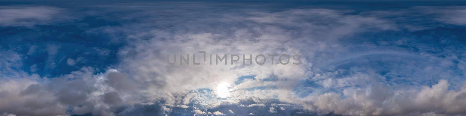 Sky panorama with Cirrus clouds in Seamless spherical equirectangular format. Full zenith for use in 3D graphics, game and editing aerial drone 360 degree panoramas for sky replacement