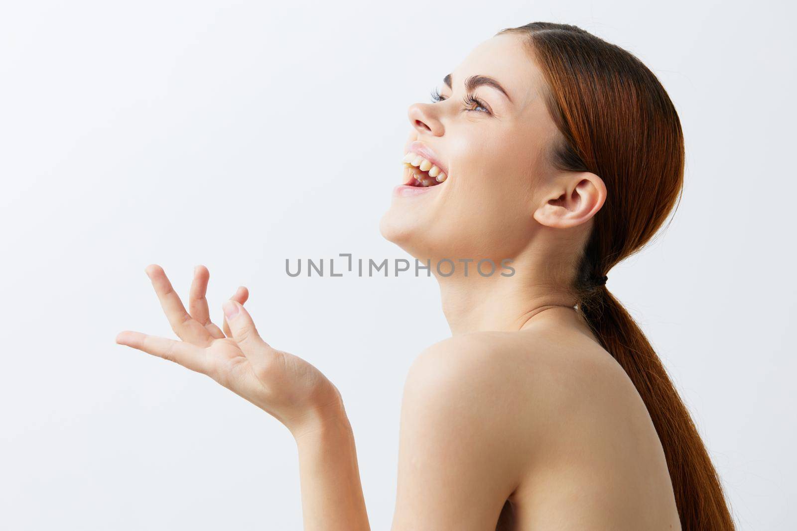 woman smiling woman bare shoulders clean skin charm isolated background by SHOTPRIME