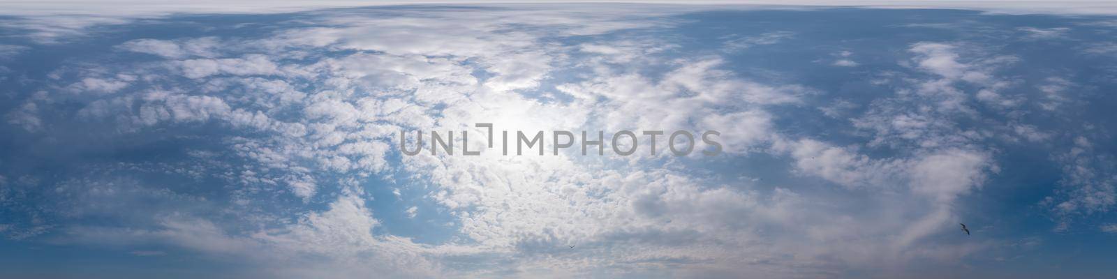 Sky panorama with Cirrus clouds in Seamless spherical equirectangular format. Full zenith for use in 3D graphics, game and editing aerial drone 360 degree panoramas for sky replacement