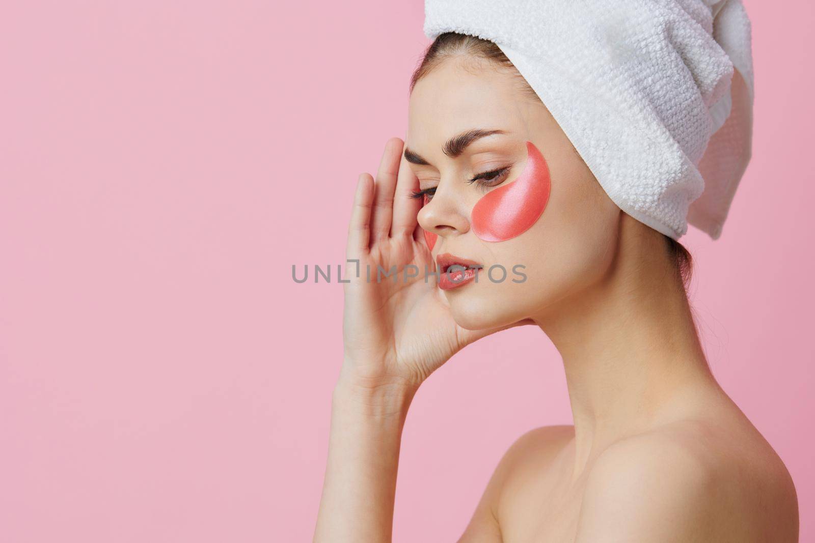 young woman pink patches clean skin smile posing close-up Lifestyle. High quality photo