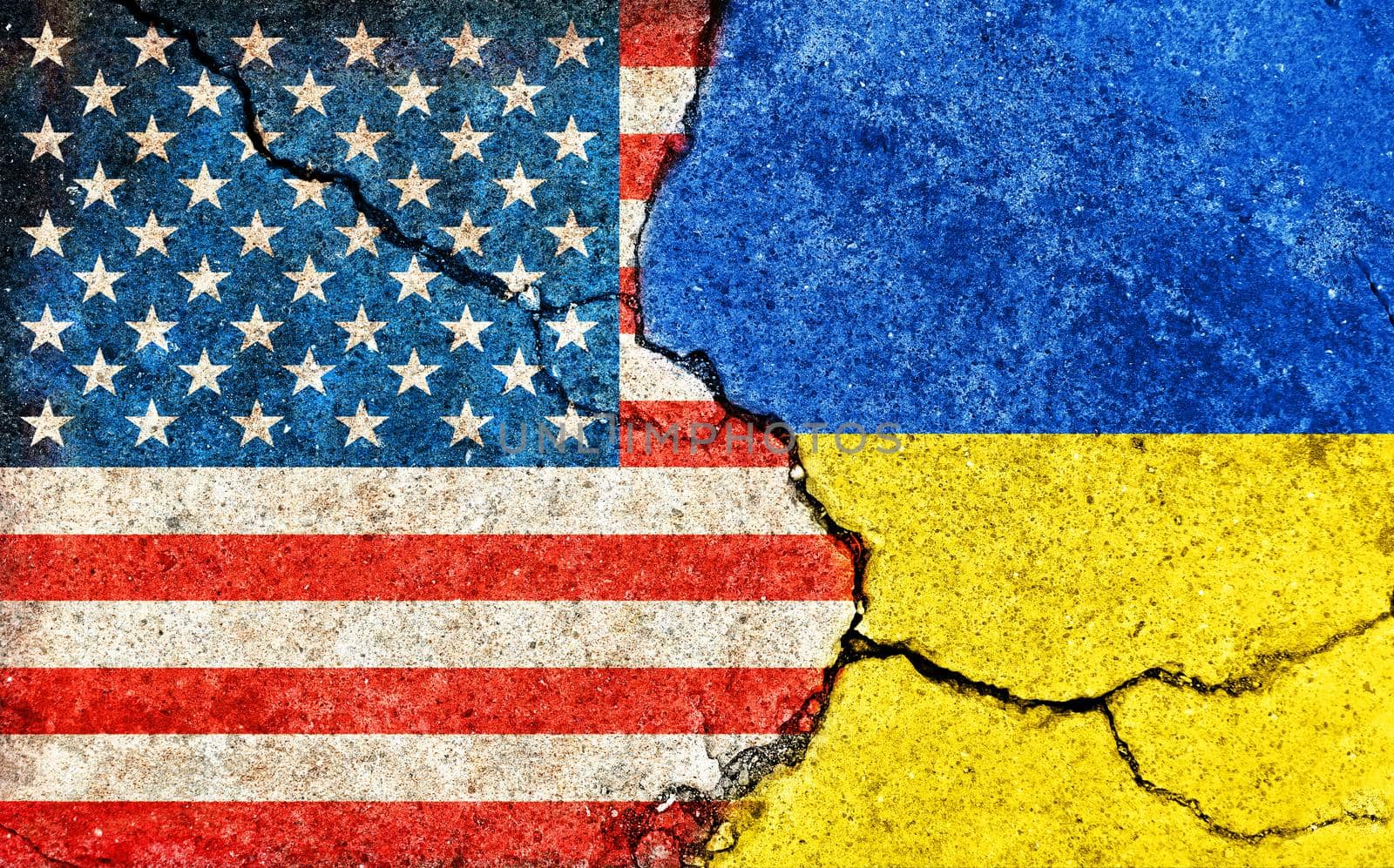 USA vs Ukraine (War crisis , Political conflict). Grunge country flag illustration (cracked concrete background)