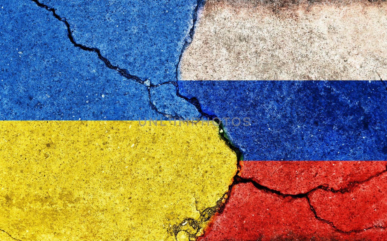 Ukraine vs Russia (War crisis , Political conflict). Grunge country flag illustration (cracked concrete background) by barks