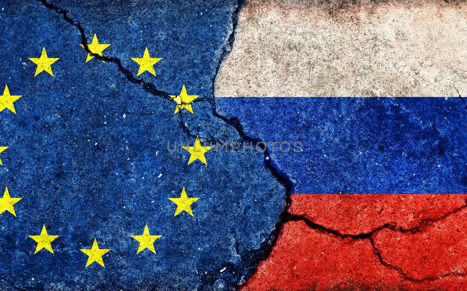 EU vs Russia (War crisis , Political conflict). Grunge country flag illustration (cracked concrete background)