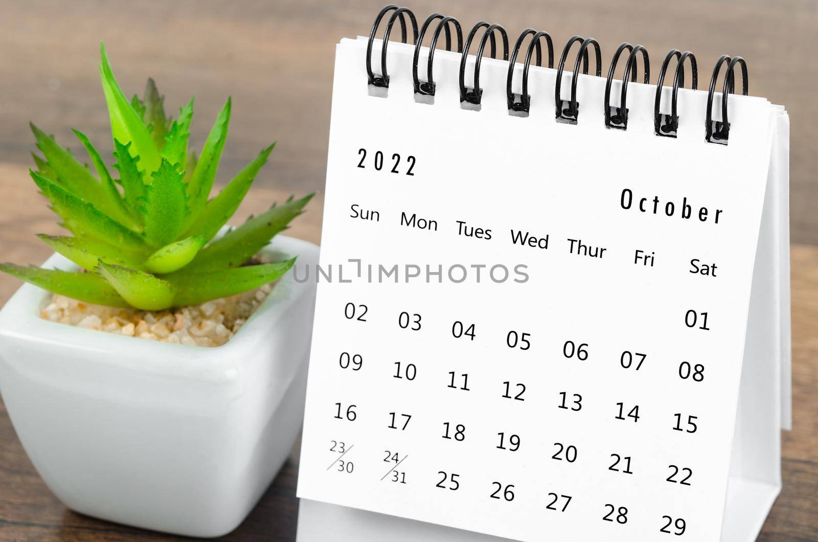 The October 2022 desk calendar with plant pot on wooden table.