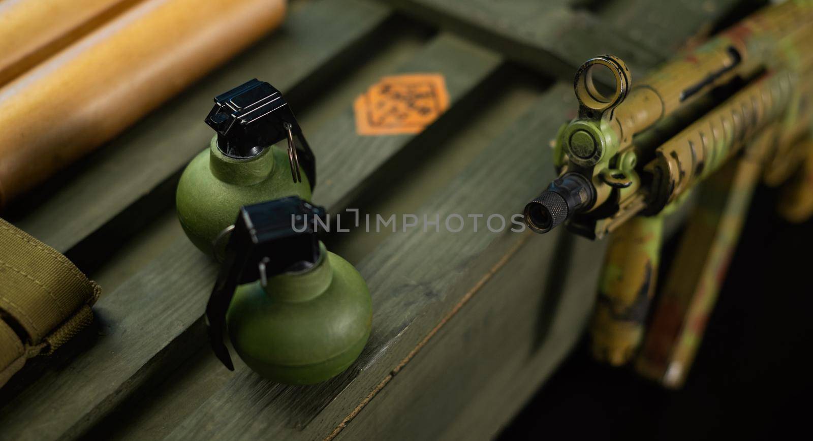 the explosive grenades on the background of a wooden weapon box