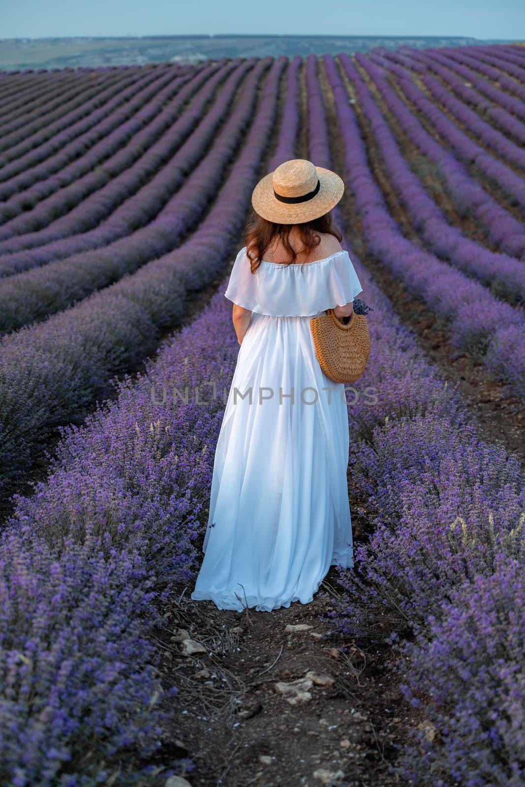 A middle-aged woman, blonde in a white dress and hat, walks through a lavender field with a basket by Matiunina