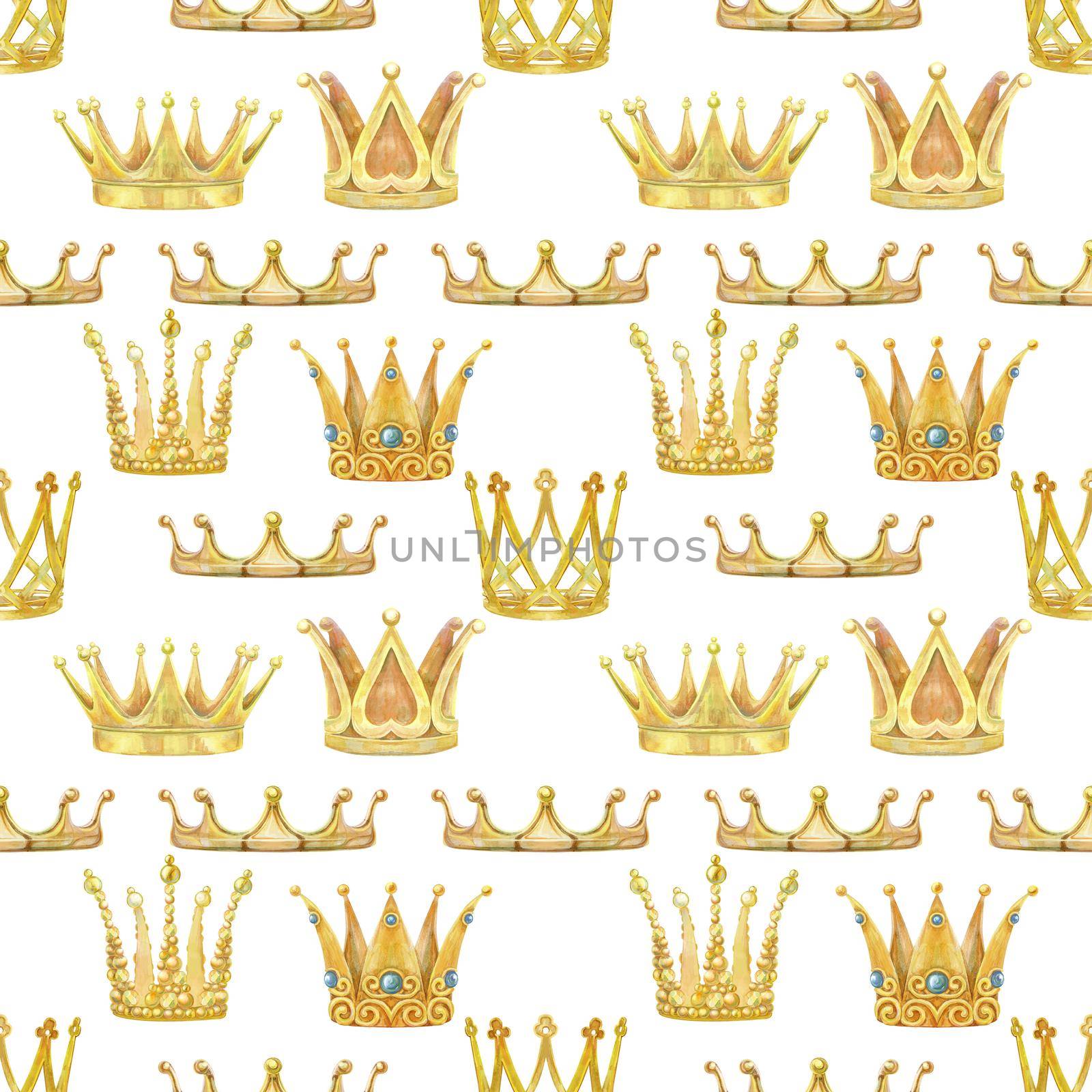 Pattern with golden crowns. Seamless watercolor background by NataOmsk