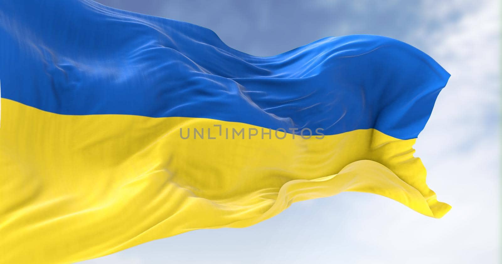 Detail of the national flag of Ukraine waving in the wind on a clear day. Democracy and politics. Eastern Europe country. Patriotism. Selective focus.