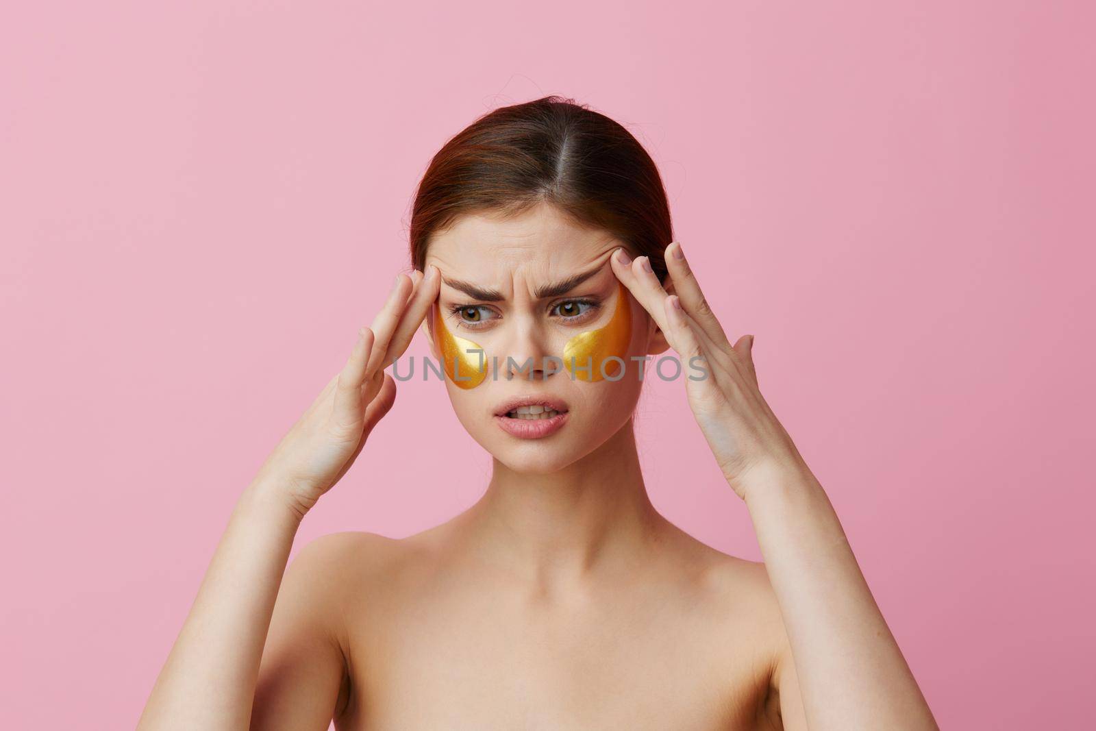 woman patches rejuvenation skin care fun after shower isolated background. High quality photo