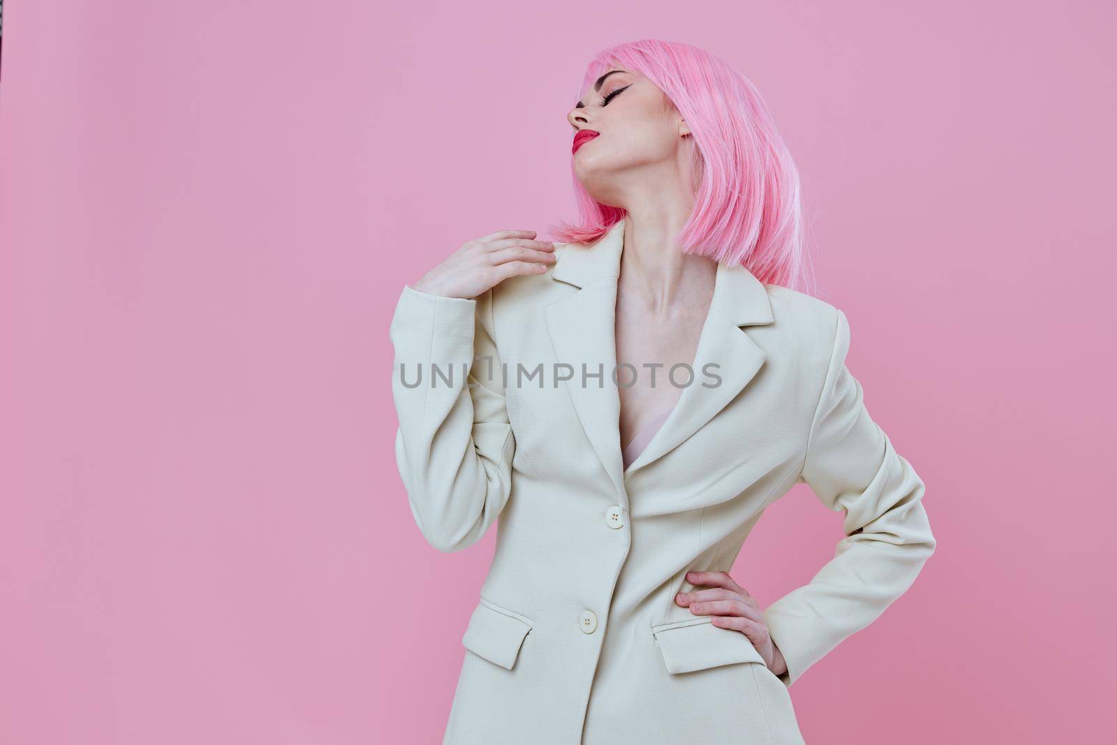 Young woman modern style pink hair Red lips fashion color background unaltered by SHOTPRIME