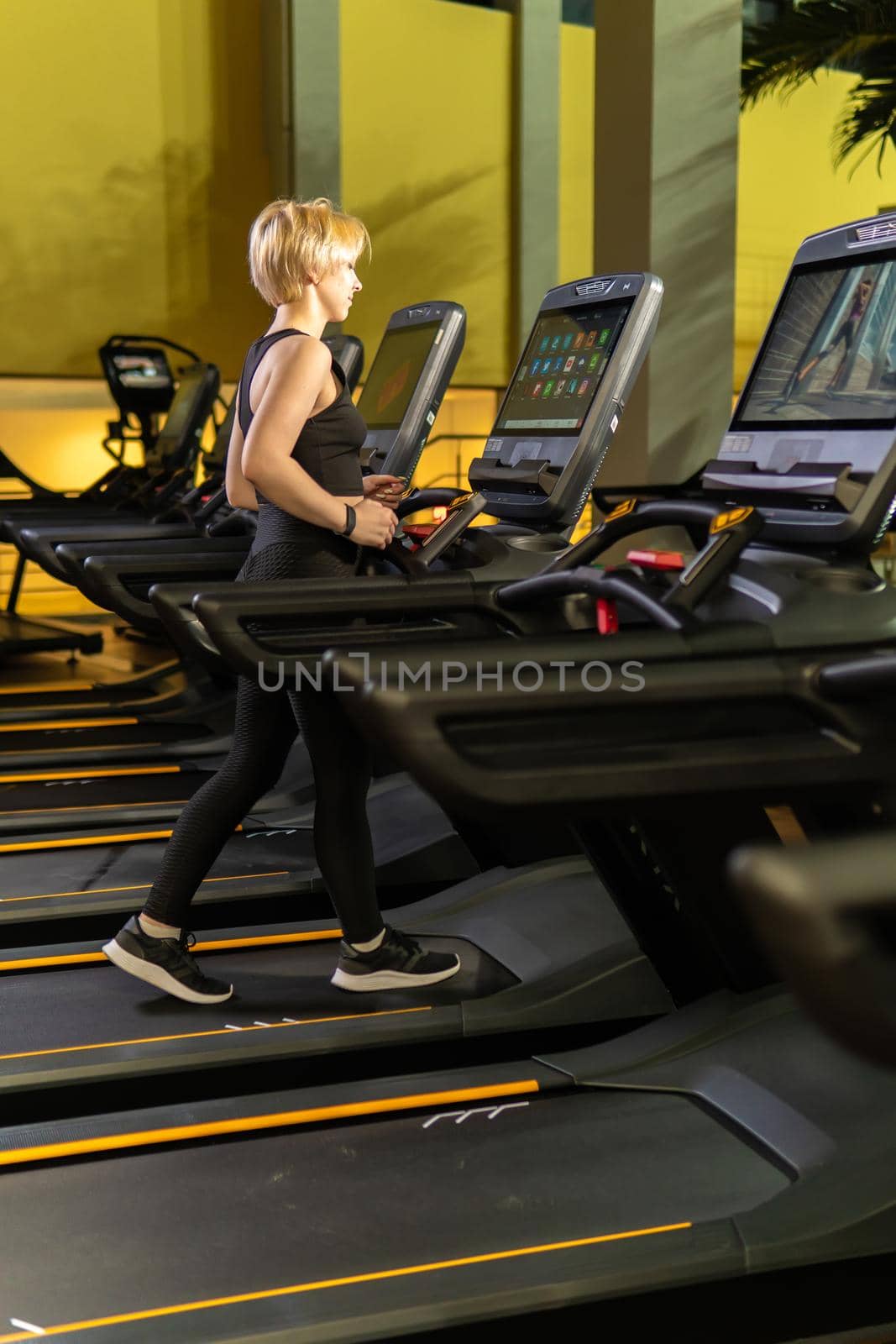 Simulator track workout training treadmill, for woman person in girl runner endurance, female power. Trainer health man, adult