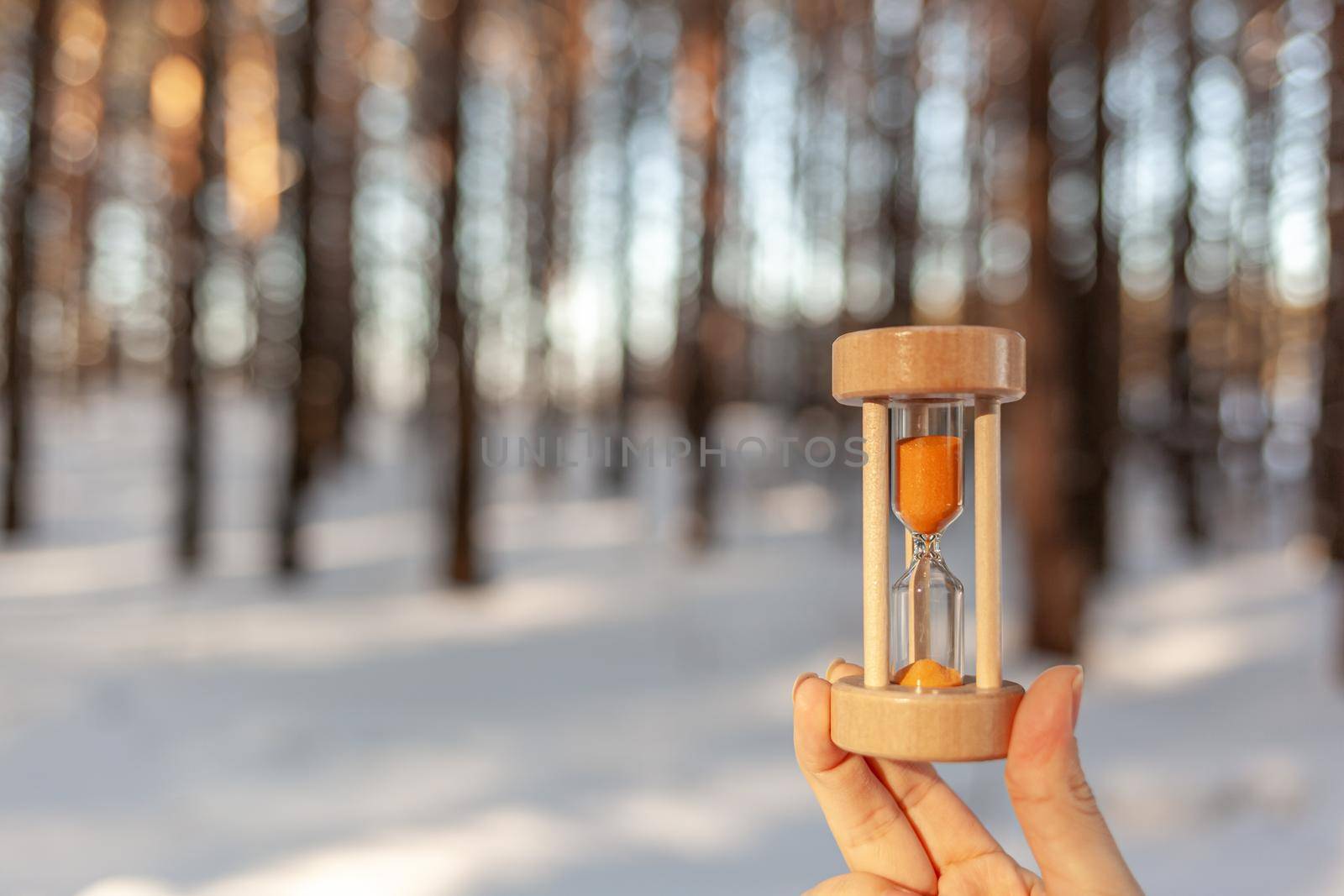 Winter is coming. Hourglass in the snow. sandglass Hourglass as a symbol of changing of the seasons. Spring is coming. melting snow. Hourglass in a woman's hand in a snowy forest in winter
