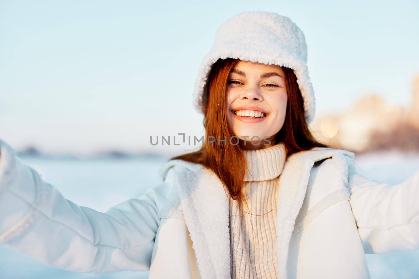 beautiful woman winter clothes walk snow cold vacation Lifestyle. High quality photo