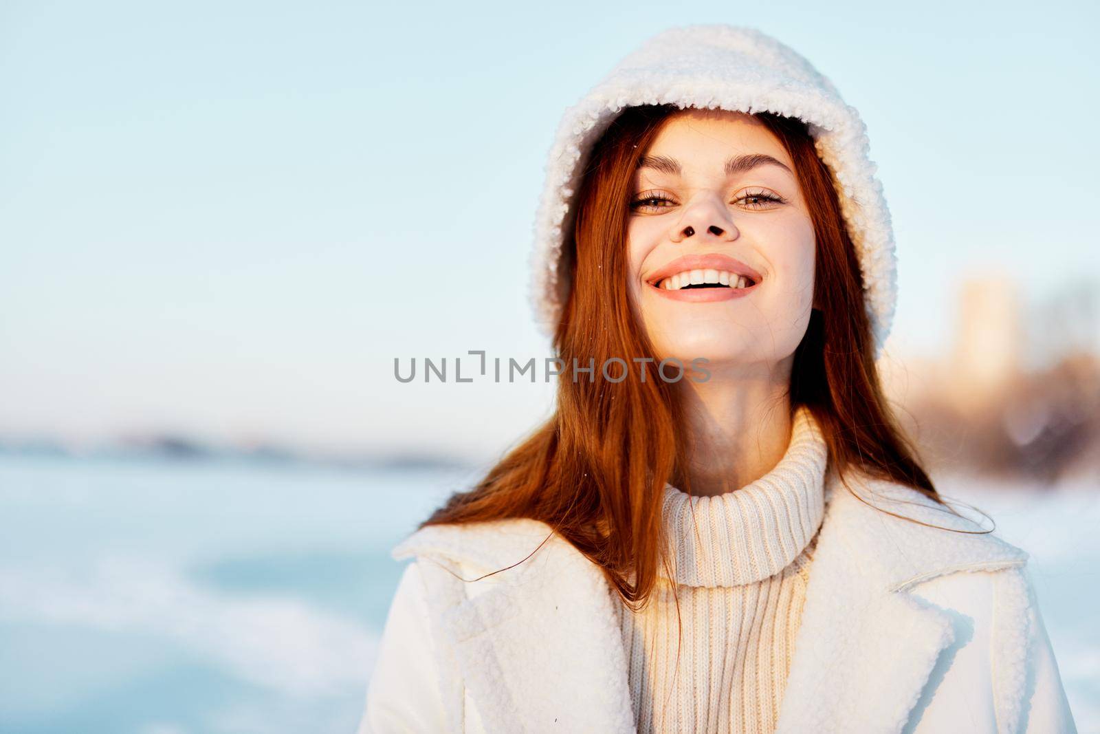 woman winter weather snow posing nature rest nature. High quality photo