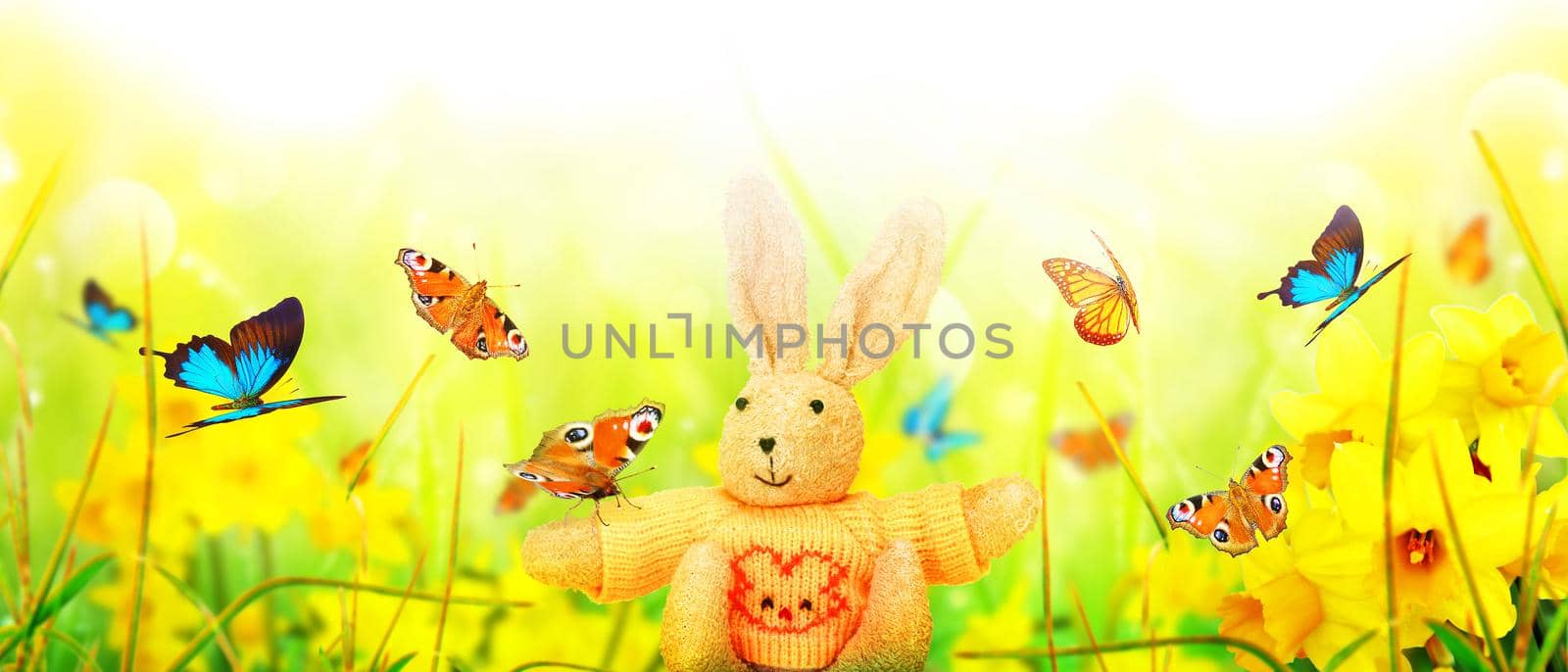 Easter composition with rabbit. Festive decoration. Happy Easter.
