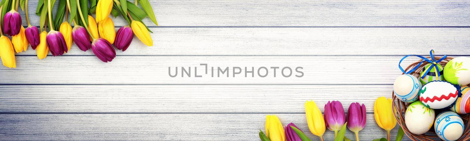 Easter composition with tulips. Festive decoration. Happy Easter.