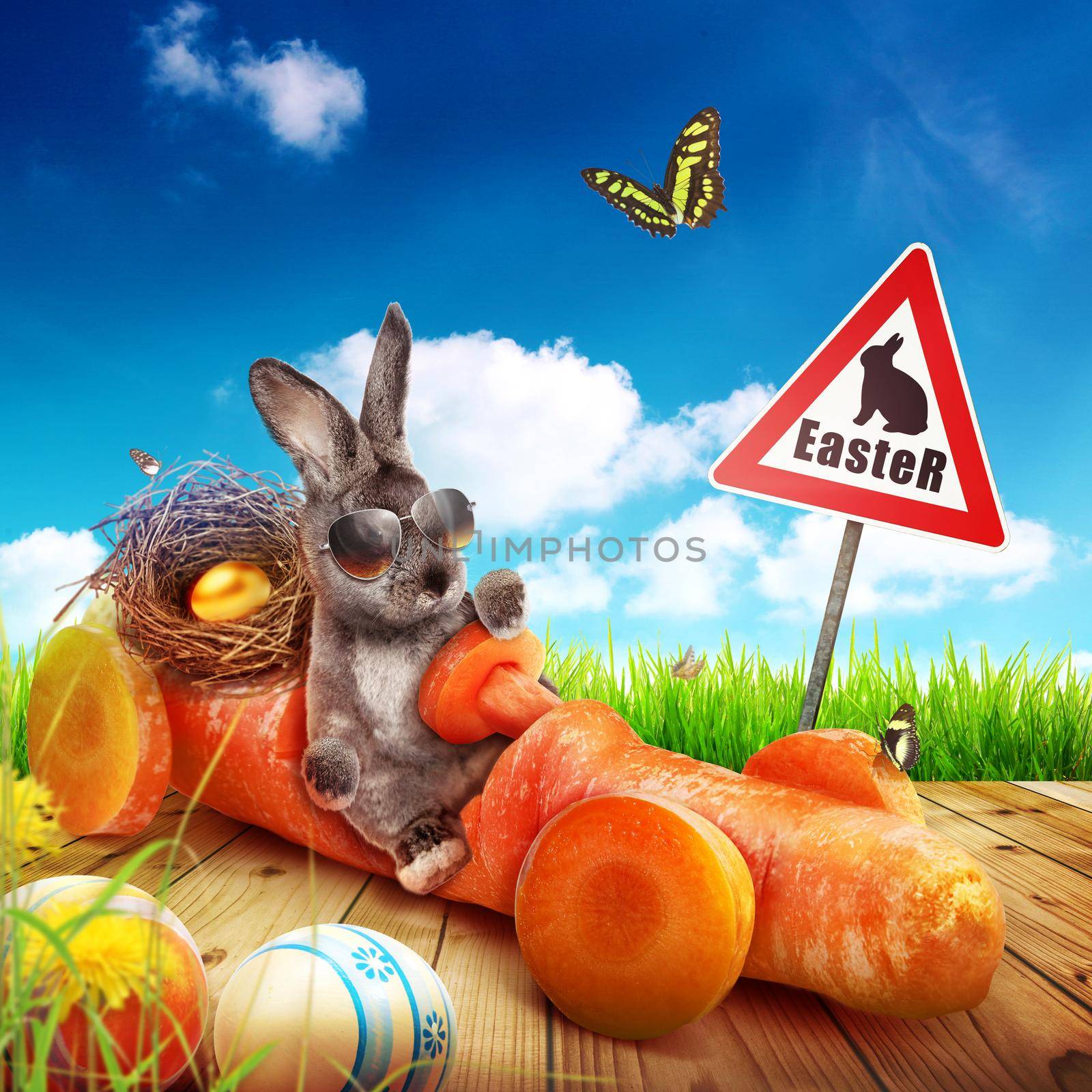 Funny Easter bunny. Happy Easter holiday concept. by Taut