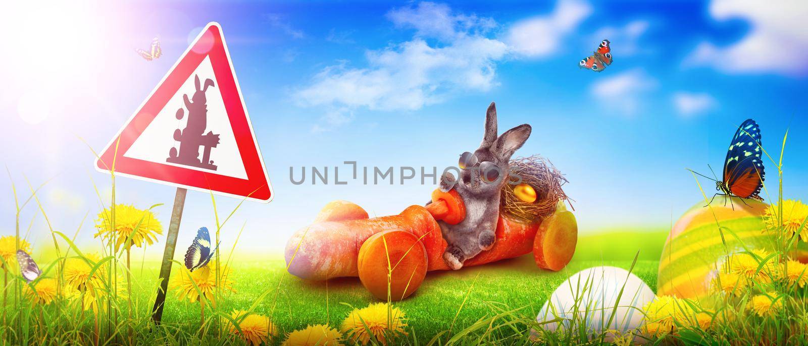 Easter composition with rabbit. Festive decoration. Happy Easter.