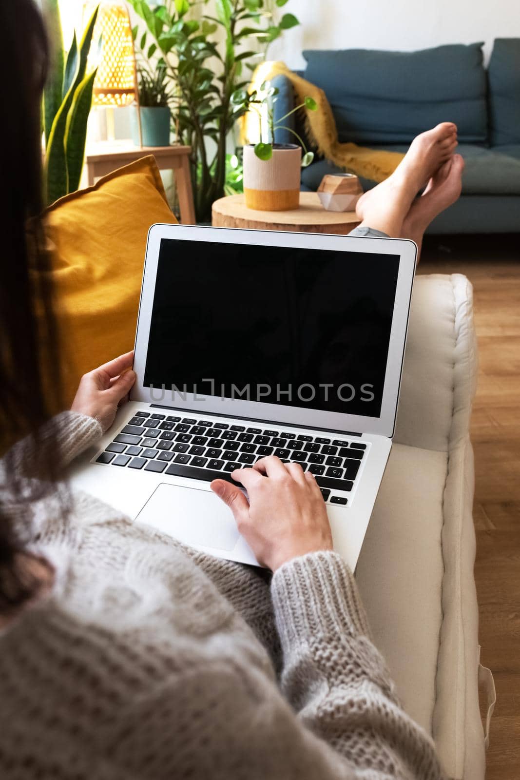 POV of young caucasian woman using laptop relaxing at home lying on sofa. Vertical image by Hoverstock