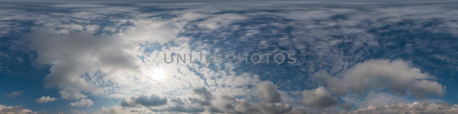 Sky panorama with Cirrus clouds in Seamless spherical equirectangular format. Full zenith for use in 3D graphics, game and editing aerial drone 360 degree panoramas for sky replacement