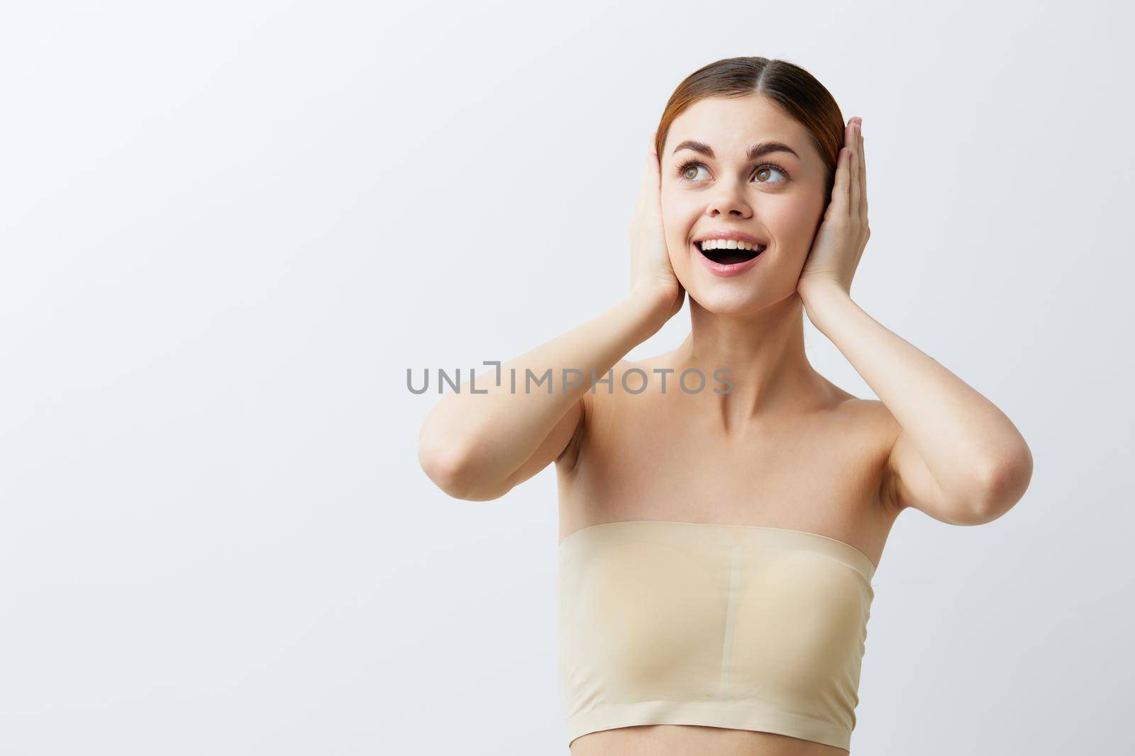 woman bare shoulders pure skin glamor isolated background by SHOTPRIME