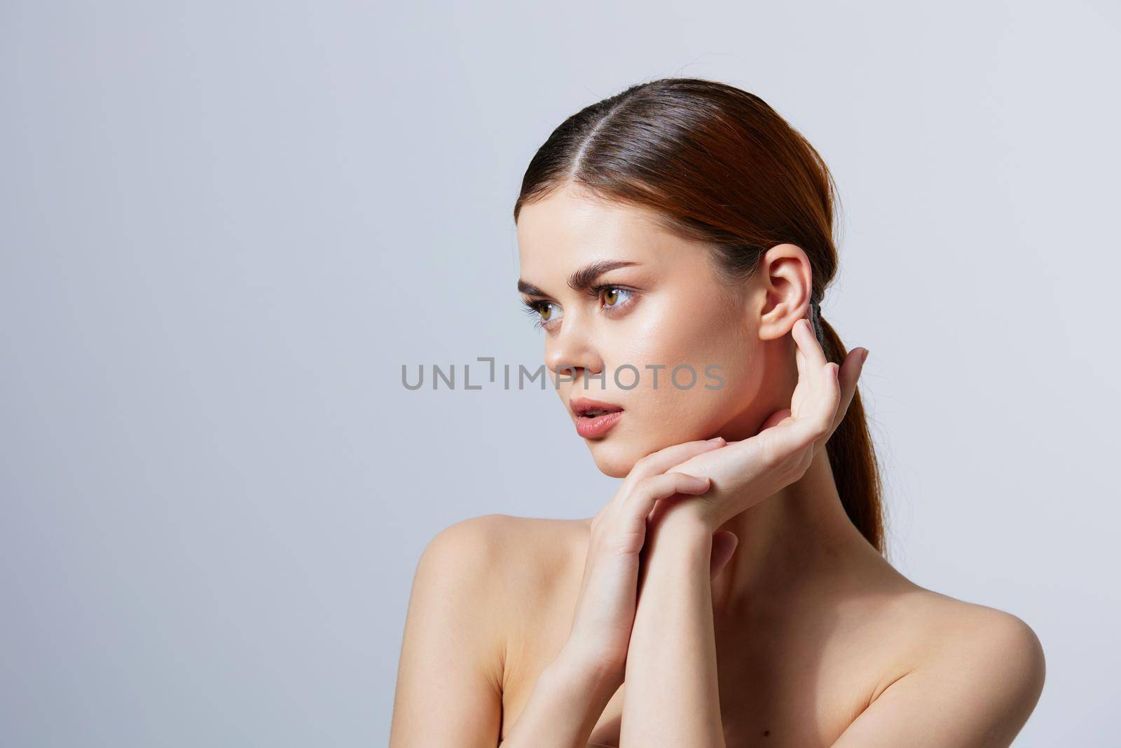 young woman posing clean skin care attractive look isolated background. High quality photo