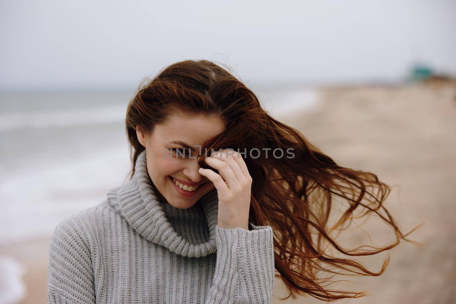 beautiful woman sand beach walk ocean freedom travel Relaxation concept. High quality photo