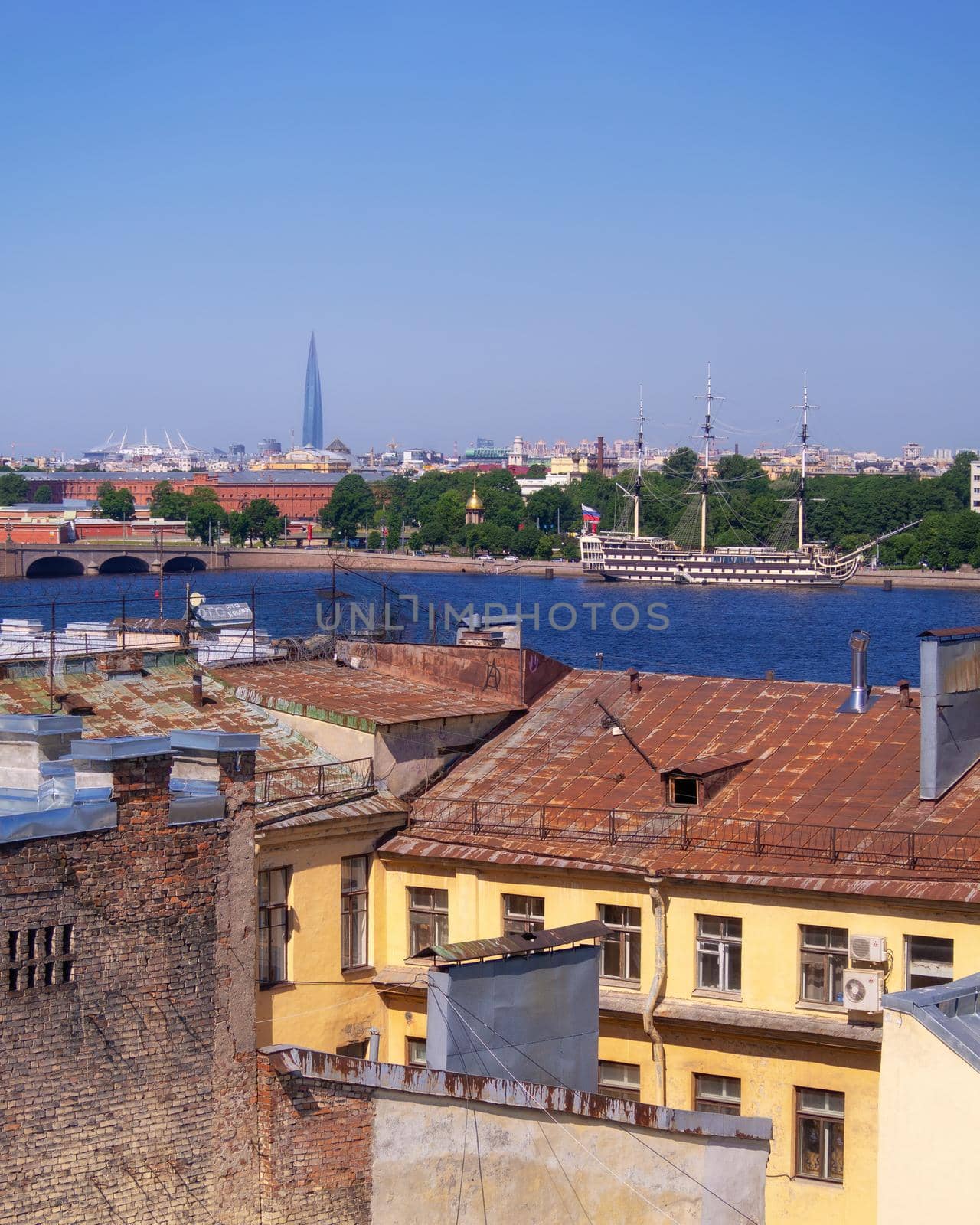 Russia, St. Petersburg - June 24, 2020: Skyline view on roofs with satellite antennas of old houses Saint Petersburg by Andre1ns