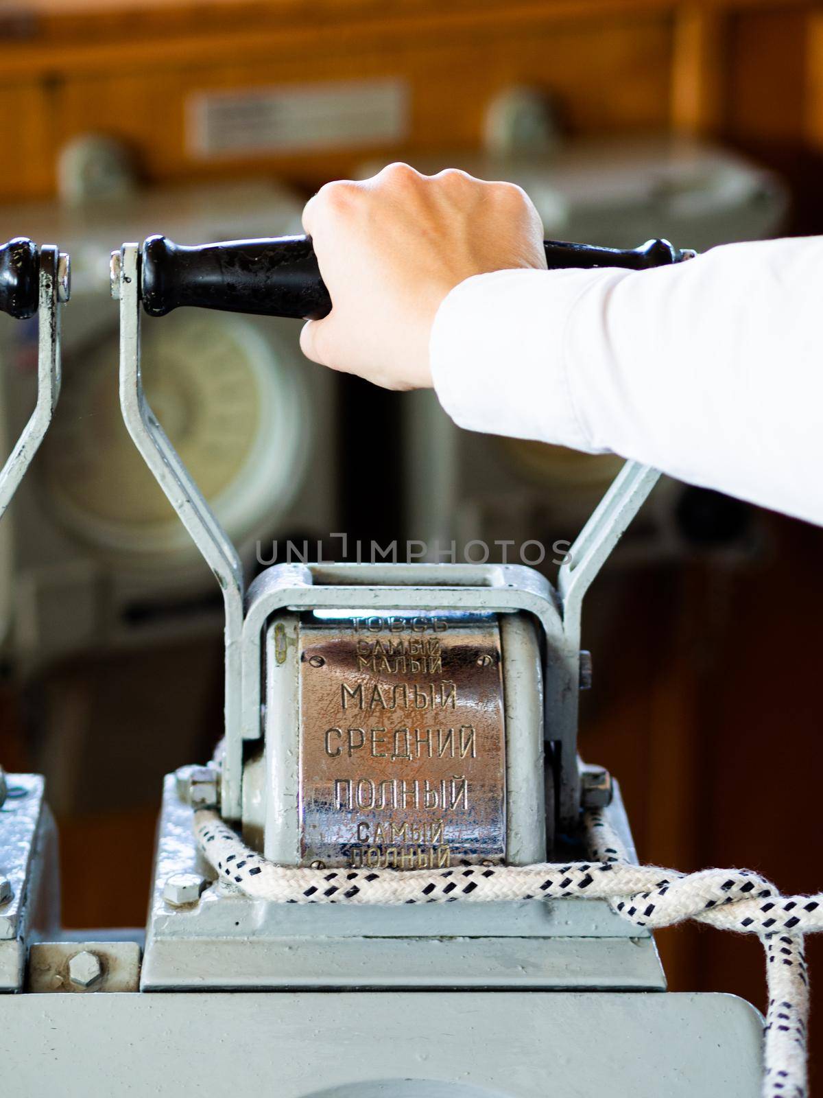 SAINT PETERSBURG, RUSSIA - 07 26 20: Speed control device on board ship. Speed control telegraph on the icebreaker Krasin.