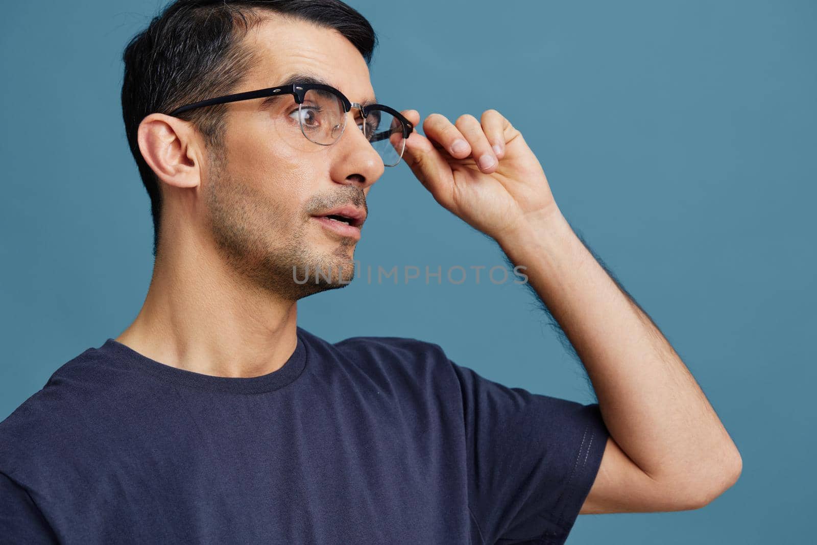 man glasses pen posing knowledge self confidence cropped view. High quality photo