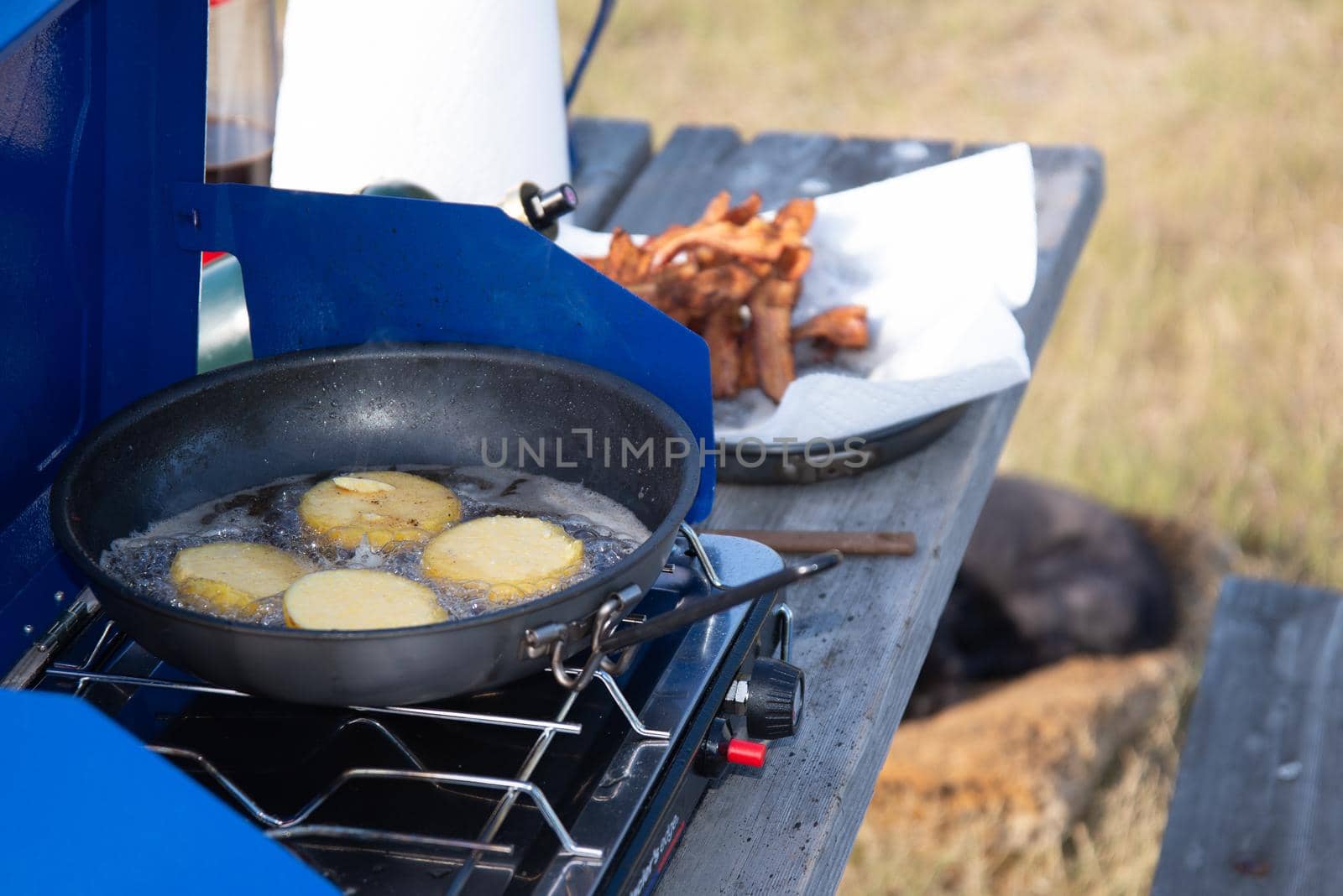 Breakfast cookout on a gas stove while camping.