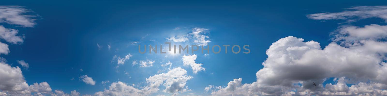 Blue sky panorama with Cirrus clouds in Seamless spherical equirectangular format. Full zenith for use in 3D graphics, game and editing aerial drone 360 degree panoramas for sky replacement. by Matiunina