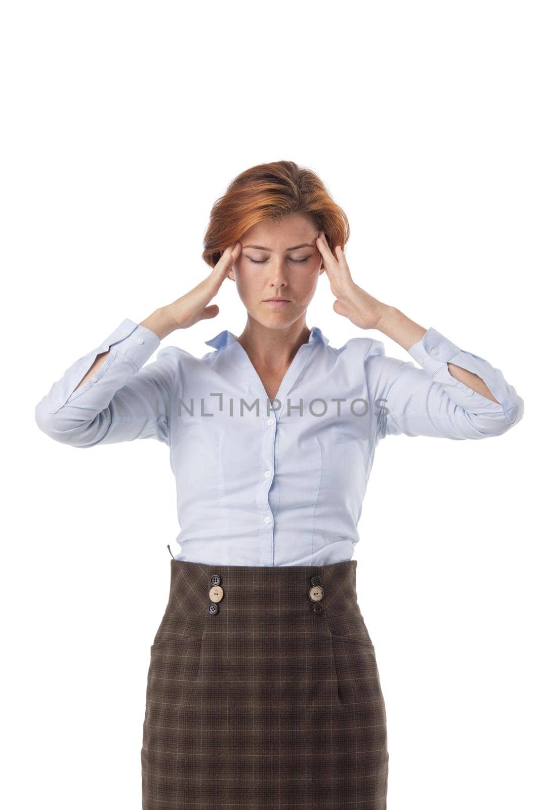 Stressed young attractive business woman isolated on white background
