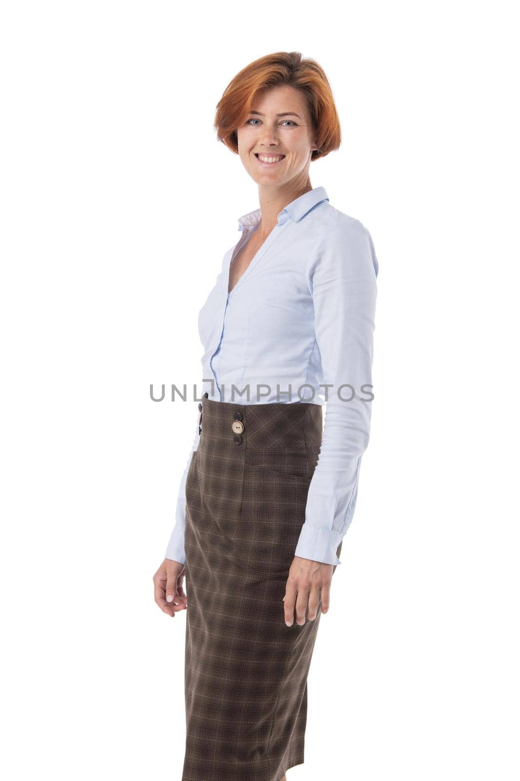 Professional people. Young happy redhead business woman smiling at camera, isolated over white background