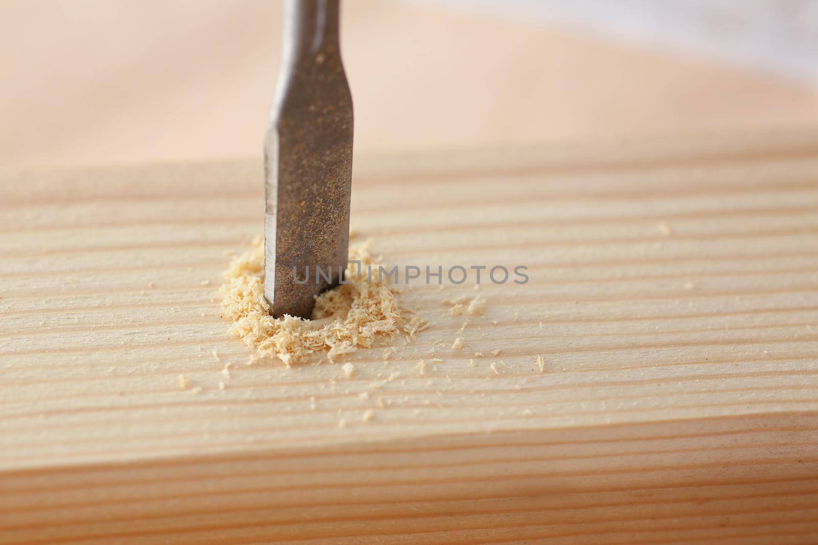 Close-up of drill instrument making hole in wooden plank, wood chips on surface. Construction, builder, renovation, carpenter, workshop, handmade concept