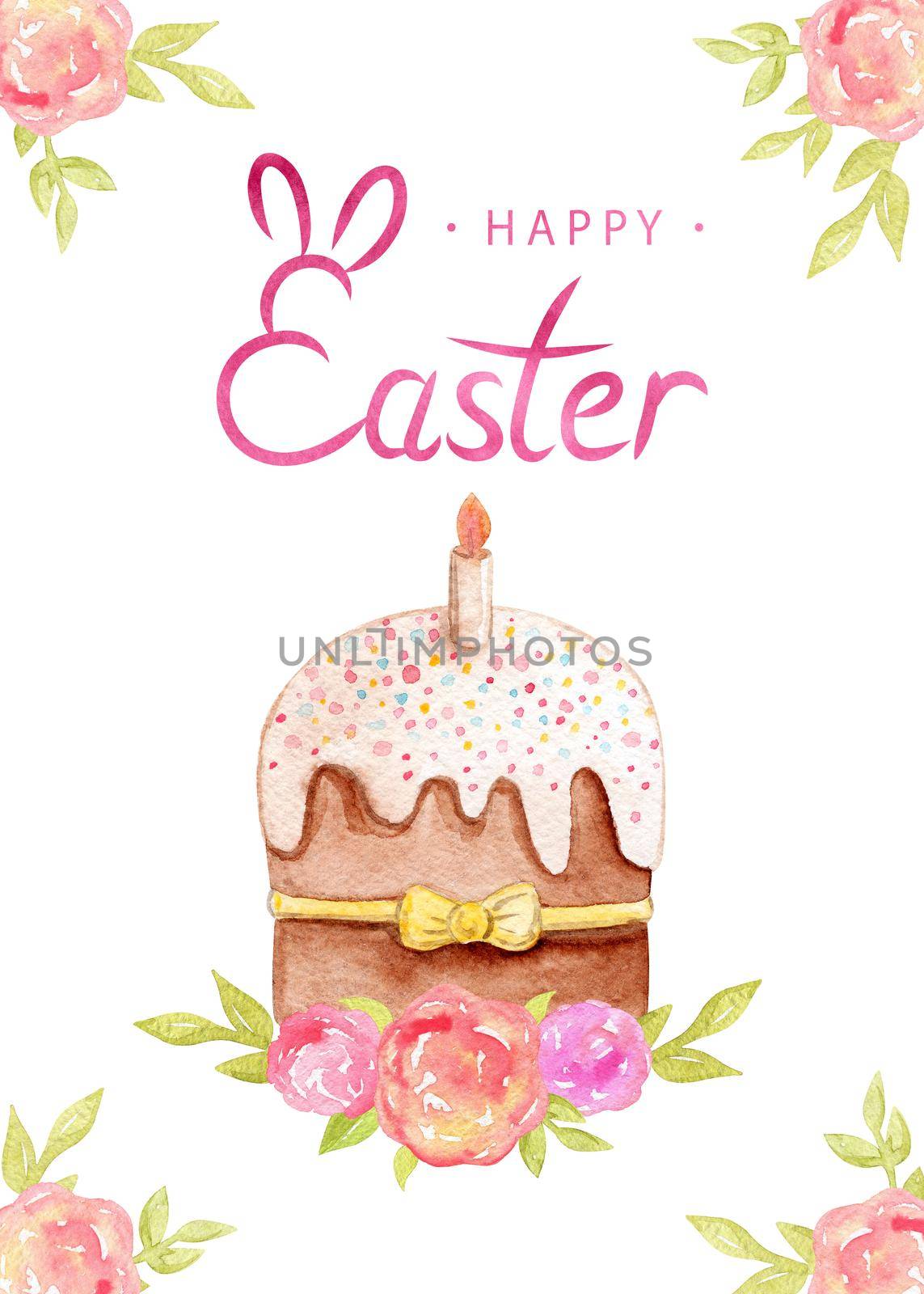 Watercolor happy easter card with cake and candle. Spring poster with pink flowers