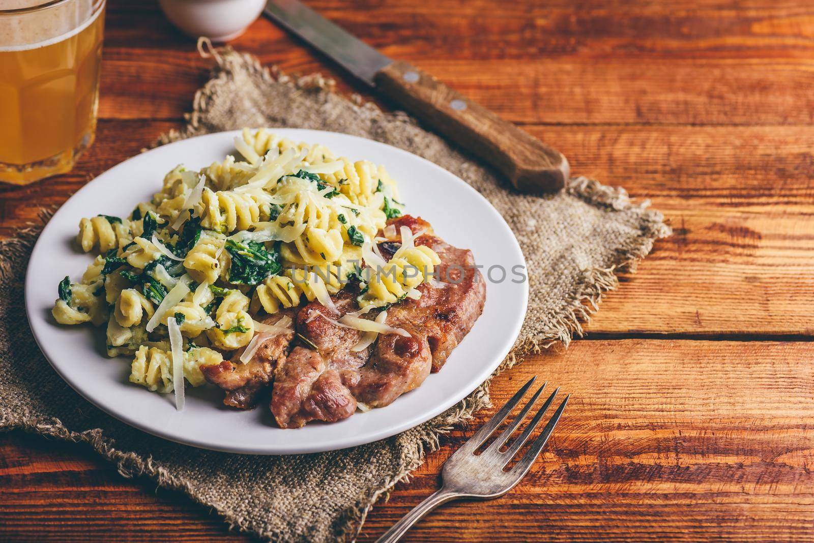 Pork Neck Steak with Creamy Spinach Pasta  by Seva_blsv