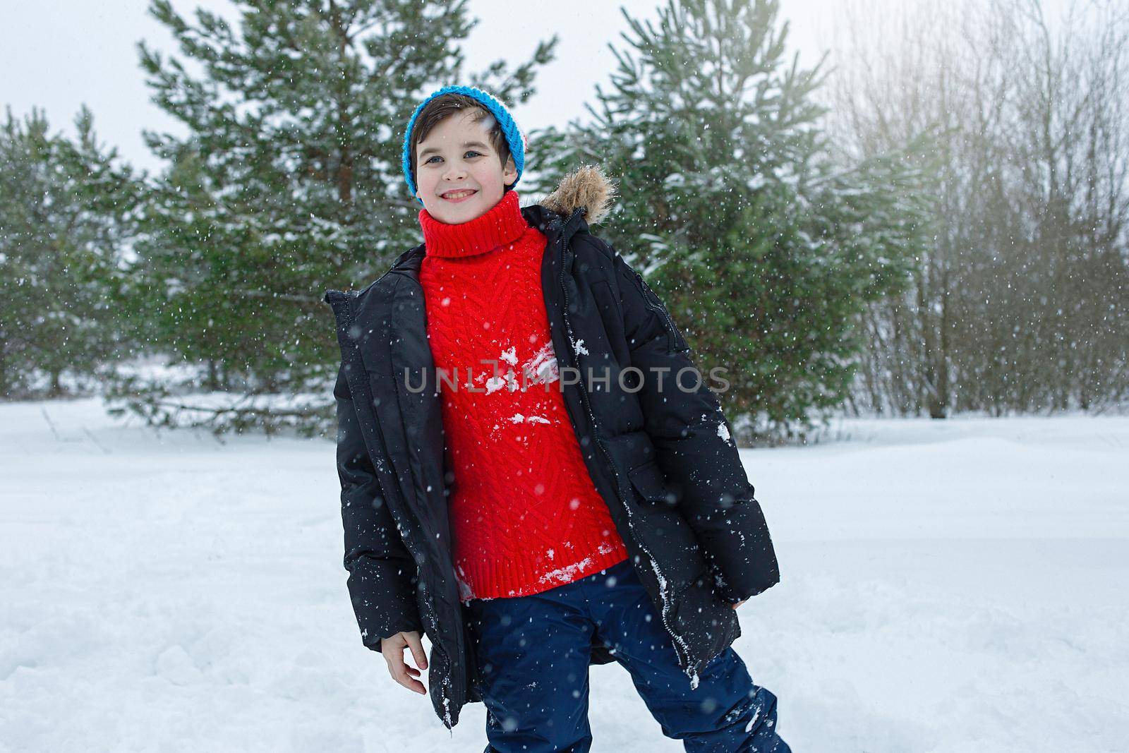 Funny portrait of cute teenager boy in a dark jacket, hat and a red sweater stands in a winter park in the snowfall